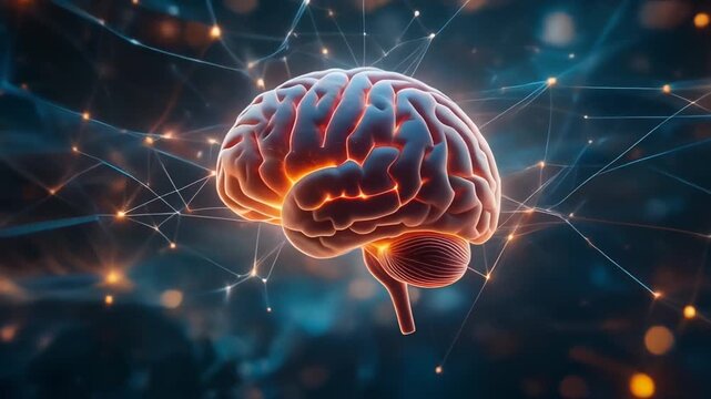 Glowing human brain model interconnected with digital neural network lines representing artificial intelligence connectivity and advanced cognitive science research concepts
