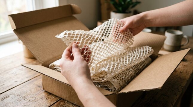 Cinematic banner of hands unfolding layers of white honeycomb protective wrap inside a cardboard shipping box, showcasing sustainable eco friendly packaging for secure product delivery at ho