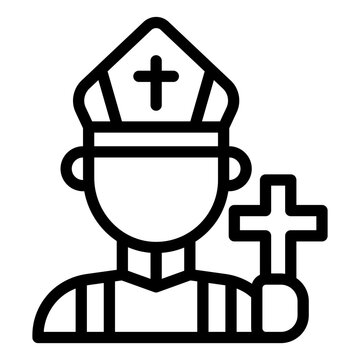 Catholic bishop or pope outline icon. robed papal figure with cross staff. religious leader and faith. Christianity and church