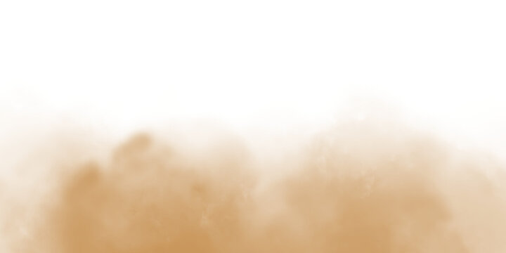 Golden brown dust cloud isolated on white background, realistic sand explosion texture, dry soil powder mist for design overlays