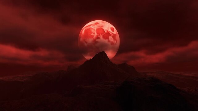 Giant red moon rising above a dark jagged mountain peak against a moody cloudy sky during a mysterious night time