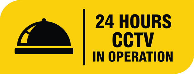 Service sign featuring graphic of dome food cover accompanied by text about security monitoring twenty four hours daily. © Emongrapic