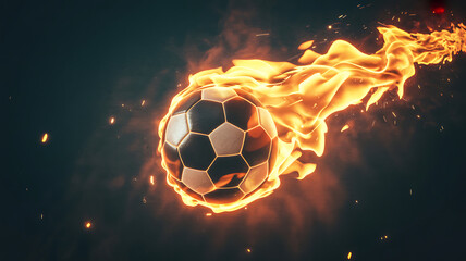 Fototapeta premium Football with fiery flames and sparks, burning soccer ball, concept of intense speed and passion in game, dynamic sports imagery.