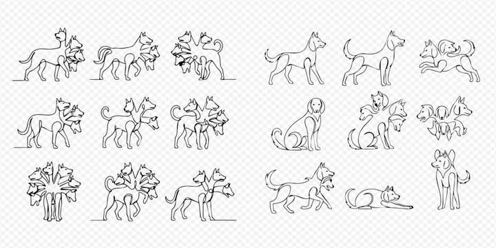 Continuous line drawing of Cerberus, the mythical multi-headed dog, in various poses, representing ancient Greek mythology and fantasy creatures.