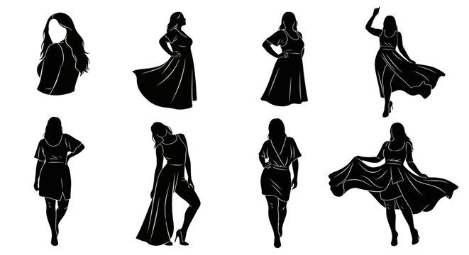 Plus size women silhouettes in elegant dresses, fashion collection