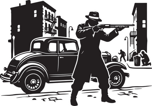 Gangster, vintage illustration, crime scene, black and white vector, city street, gangster holding gun