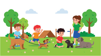 Obraz premium Happy children playing with pet dogs in sunny park outdoor activity.