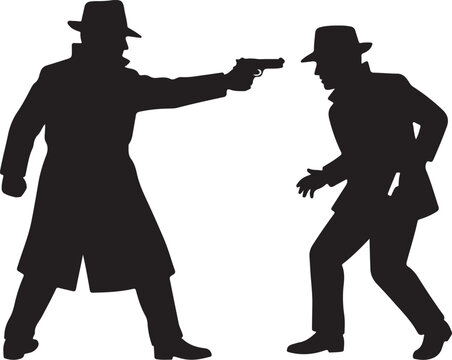 Black silhouette, gunfight, western duel, cowboy shootout, vector illustration