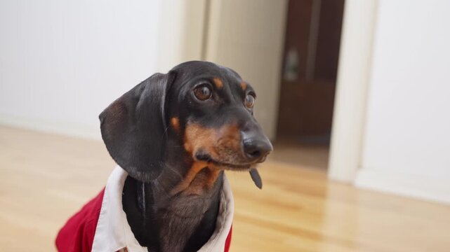 Cute black dachshund dog wearing red costume with white collar showing pleading begging expression in hallway at home, sweet pet portrait, lovely moment.