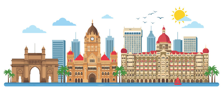 mumbai city skyline with famous landmarks and architecture illustration.