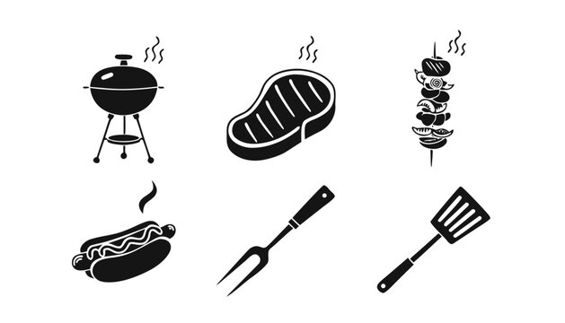 Hand drawn bbq icon set featuring a kettle grill steak skewers hot dog fork and spatula for outdoor cooking and grilling