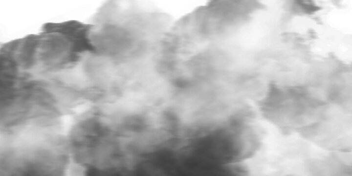 Dramatic black smoke clouds on white background, thick dark industrial smog texture, dense gray vapor and soot overlay for design