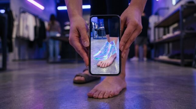 Young shopper with manicured hands grips a smartphone in a modern clothing store to try on a futuristic iridescent sneaker using high fidelity augmented reality technology in a widescreen vi