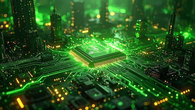 A glowing central processing unit on a complex digital circuit board