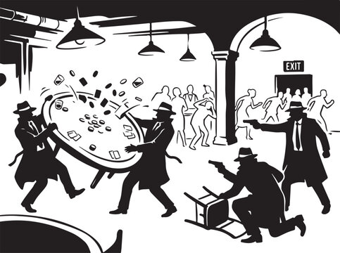 Gangster, crime, casino, robbery, black and white, vector illustration, mafia, thieves, heist
