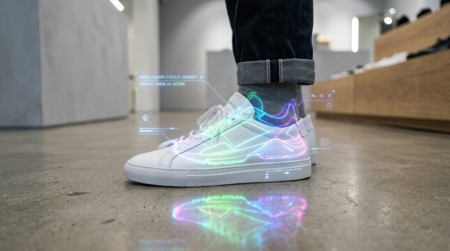 A detailed view of white leather sneakers featuring a virtual user interface with glossy screen reflections on the floor, showcasing high fidelity augmented reality technology.