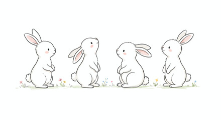 Four rabbits standing in a field watercolor illustration