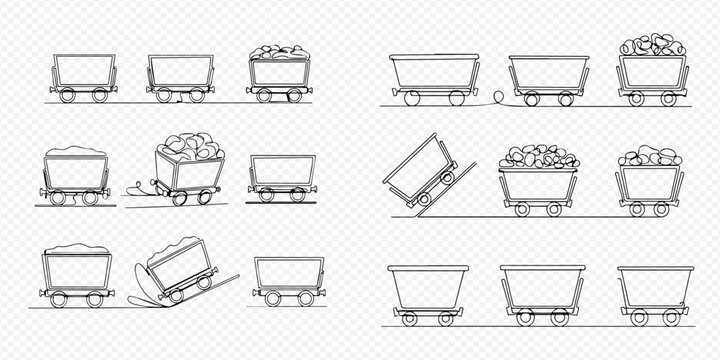 Set of outline mine carts, empty and full of ore, in various positions and states, isolated on transparent background.