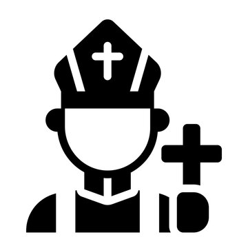 Catholic bishop or pope glyph icon. robed papal figure with cross staff. religious leader and faith. Christianity and church