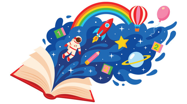 Open book revealing magical world of space and adventure.