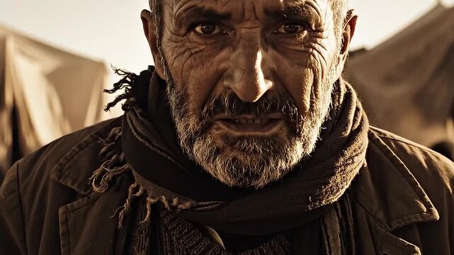Close-up of Refugee's Face: Strong Gaze and Emotional Resilience