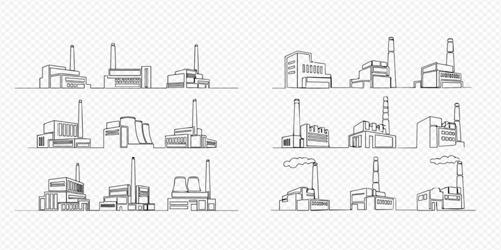Industrial factory buildings continuous line art drawing set, manufacturing plant architecture outlines, power station facilities sketch collection.