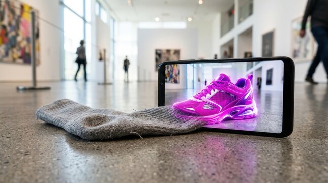 Low angle macro shot showing the seamless transition from a gray sock into a vibrant pink glowing sneaker through a smartphone screen in a modern art gallery, showcasing high fidelity tech.