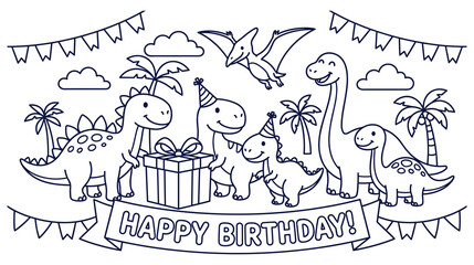 Dinosaurs celebrating happy birthday with gift and party hats. © NAZMA