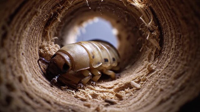 Extreme Macro Shot of a Woodboring Larva Crawling Inside a Wooden Tunnel