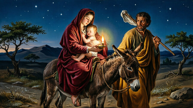Holy Family flees to Egypt across vast desert, guided by divine protection.

