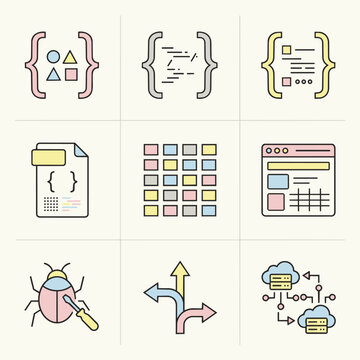 Coding Icons: Brackets, Bug, Cloud, Data, UI Design, Logic, Programming