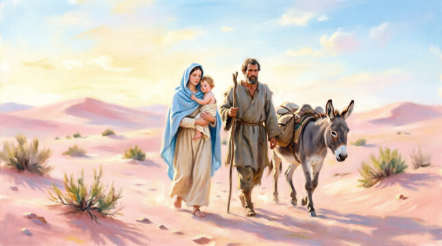 Holy Family flees to Egypt across vast desert, guided by divine protection.
