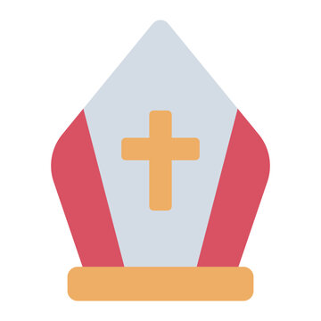 papal mitre flat icon. Pope hat. Tall pointed bishop hat with cross. Catholic headwear and religious symbol. Vatican and church
