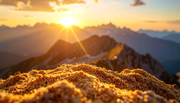 Mountain range sunset with golden sunlight