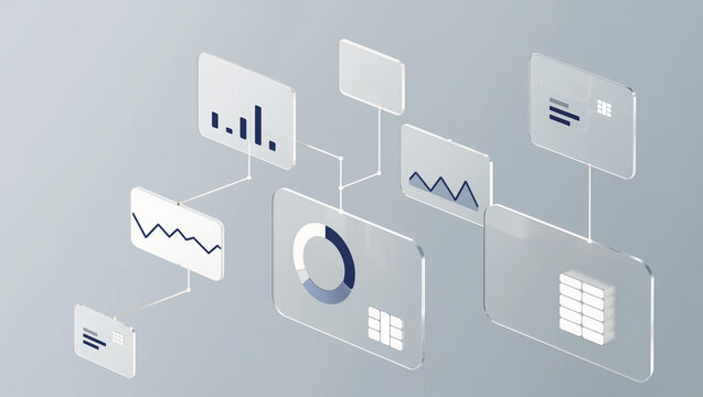 3D render of floating transparent glass dashboard panels with various chart bar graph and data visualizations, modern business analytics interface concept illustration