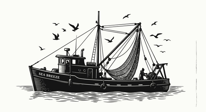 Fishing boat illustration with seagulls vintage engraved style