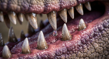 Fototapeta premium An extreme macro photograph focusing on the front of the Giganotosaurus's jaw. The shot highlights the glistening, wet texture of the gums and the razor-sharp edges of the teeth. 