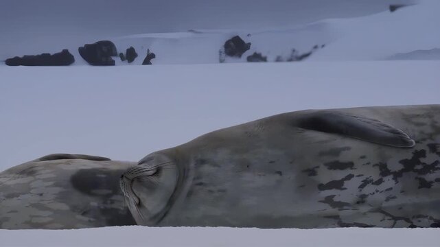 Close-up of seals resting on icy terrain in Antarctica's serene winter landscape
