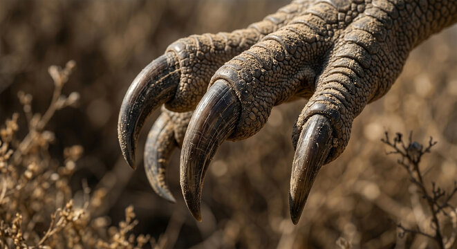 An extreme macro photograph focusing on the sharp, curved claws of the Giganotosaurus's hand. 
