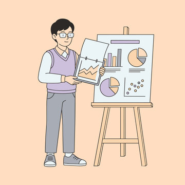 Man presenting business charts and graphs on a whiteboard easel