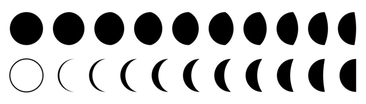 Moon icon set, moon phases, crescent, new, half, full moon, crescent, lunar cycle, solar eclipse, blood moon logo, label, badge, symbol, circle, black, flat vector illustration on white background.