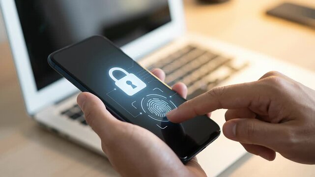 Fingerprint authentication smartphone lock hand technology digital security network hacker protection against vulnerabilities misconfigurations preventing unauthorized access maintaining strong data