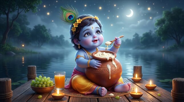 Baby Krishna Playful Midnight Moonlight River Scene.