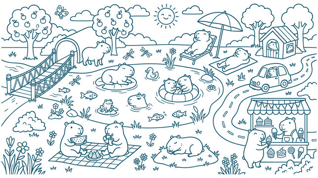 Capybara animal scene coloring page with pond picnic and ice cream shop art.