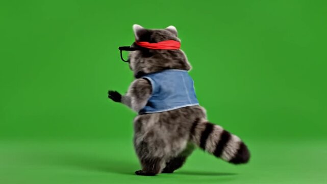 High quality seamless loop animation of adorable raccoon dancing upright exaggerated rhythmic motion small hops swaying paw clapping spins fluffy fur texture wearing headband glasses vest soft lightin