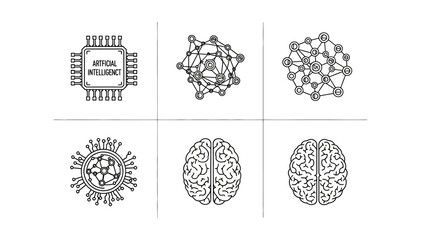 Fototapeta premium Collection of Artificial Intelligence and Brain Icons Representing Neural Networks, Machine Learning, Data Processing, and Cognitive Computing Concepts