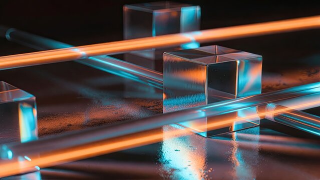 Iridescent glass cubes reflecting light in a dark studio environment artistic giga pixel photography