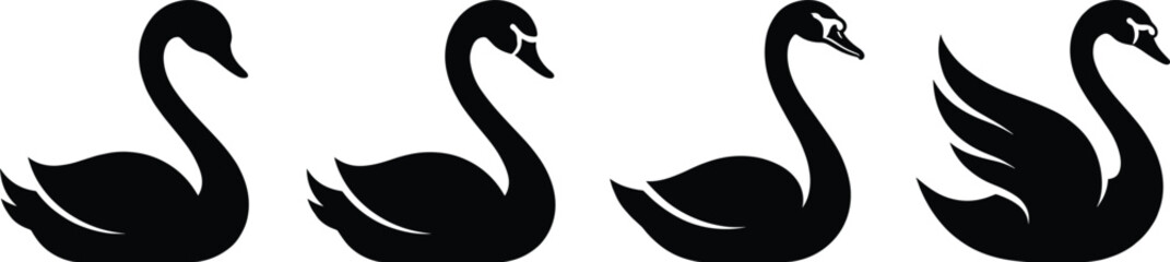 Black silhouette vector illustration of swans in different poses with curved necks and raised wings for decorative design © RAFIQUL