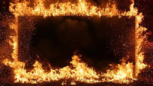 Flaming fire burning in a rectangular frame with bright sparks and intense orange flames on black background
