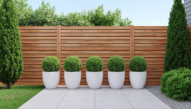 Clean modern garden patio featuring five identical white round planters with trimmed topiary shrubs against horizontal cedar wooden slat fence and tall evergreen trees. High quality photo